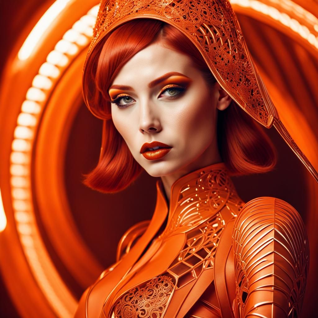 A beautiful redhead female artist all orange sleek futuristic outfit, with intricate patterns, details, design, clean ma...