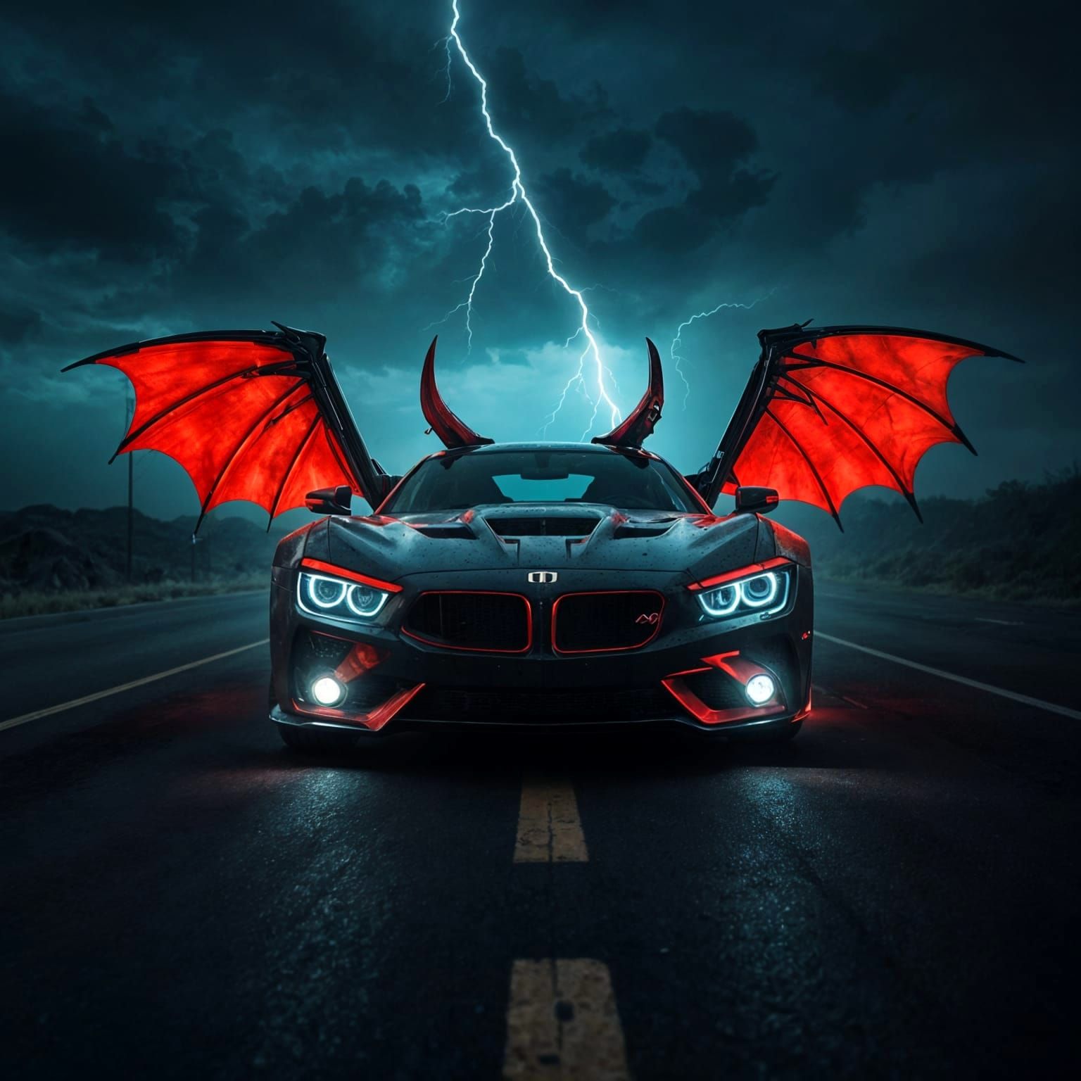 Ghost Devil Car on a Stormy Road, Hyperrealism