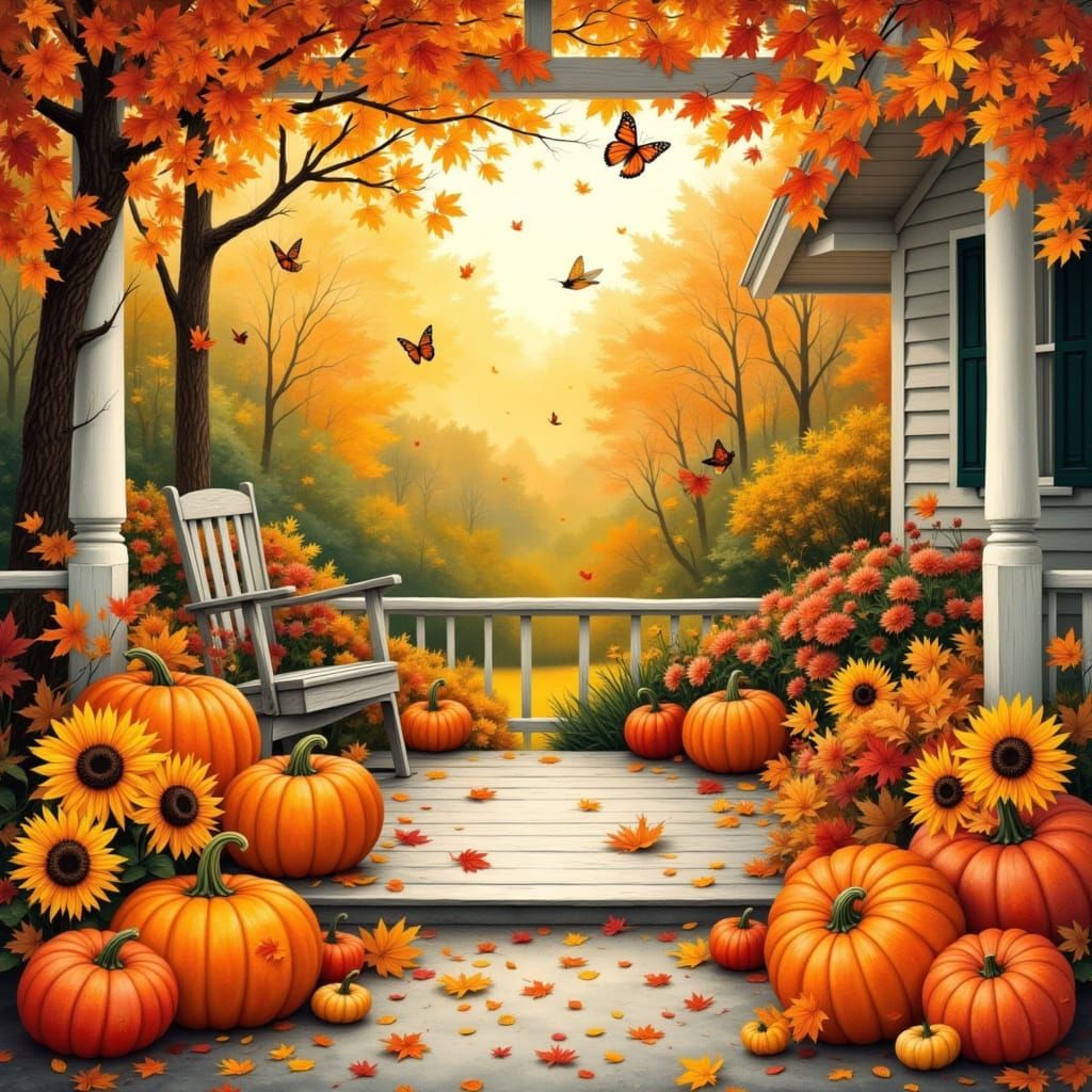 Cozy Autumn Porch Collage in Folk Art Style