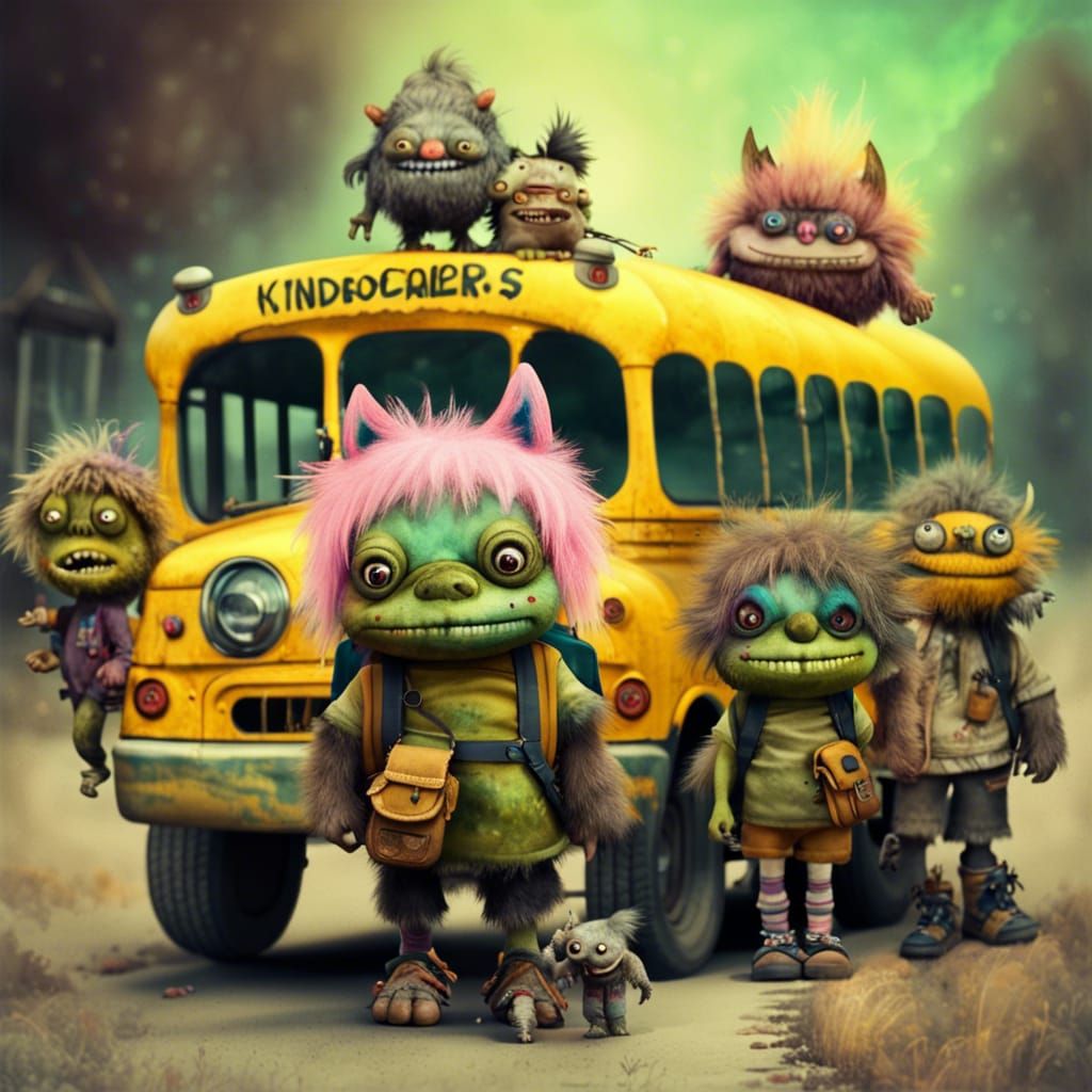 Post-Apocalyptic School Bus with Cheerful Monsters
