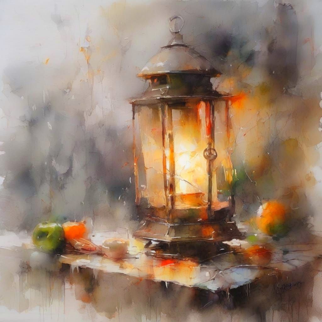 Rustic Lantern Glow on Misty Porch in Neo-Impressionist Styl...