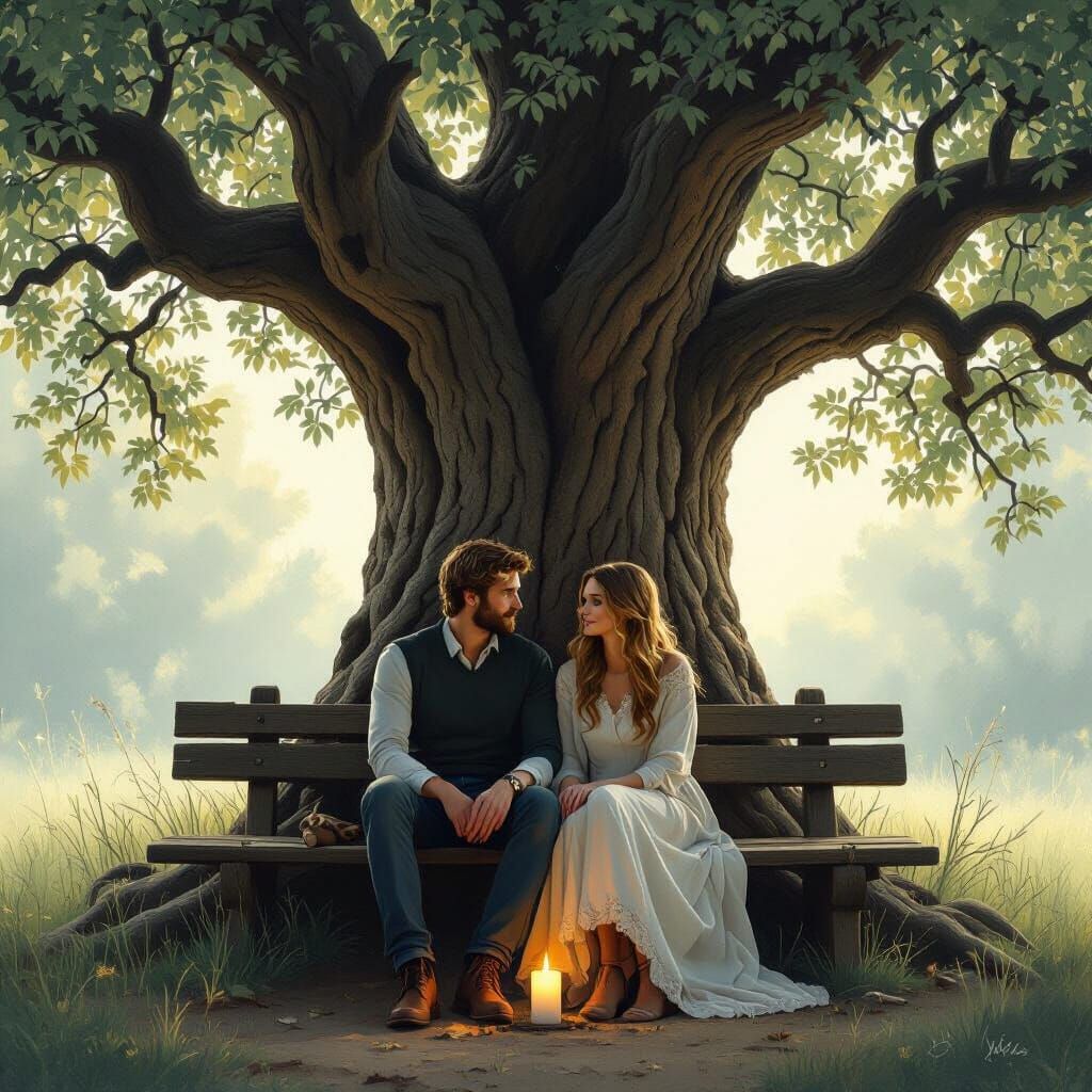 People on a Bench in Woodland Setting, Digital Art