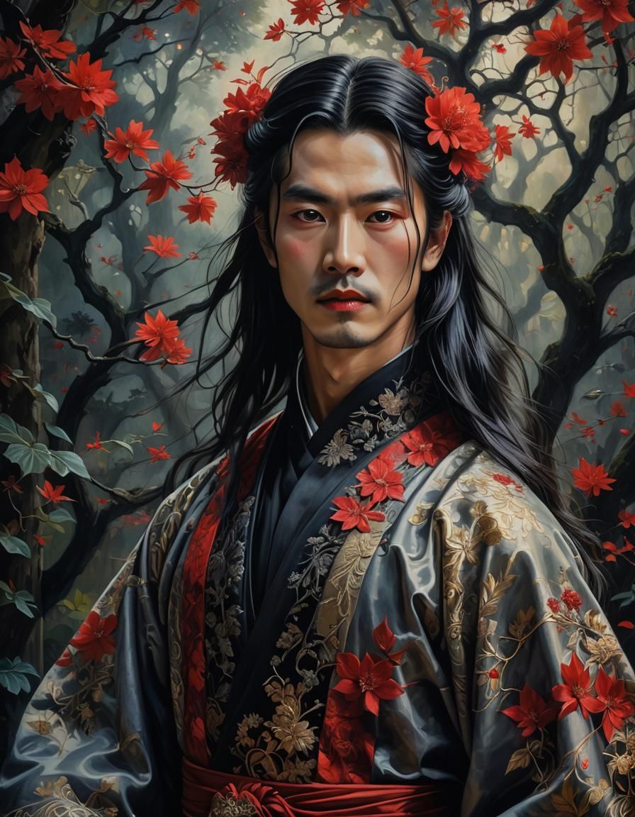 Man in Hanfu with Floral Motifs as Oil Painting