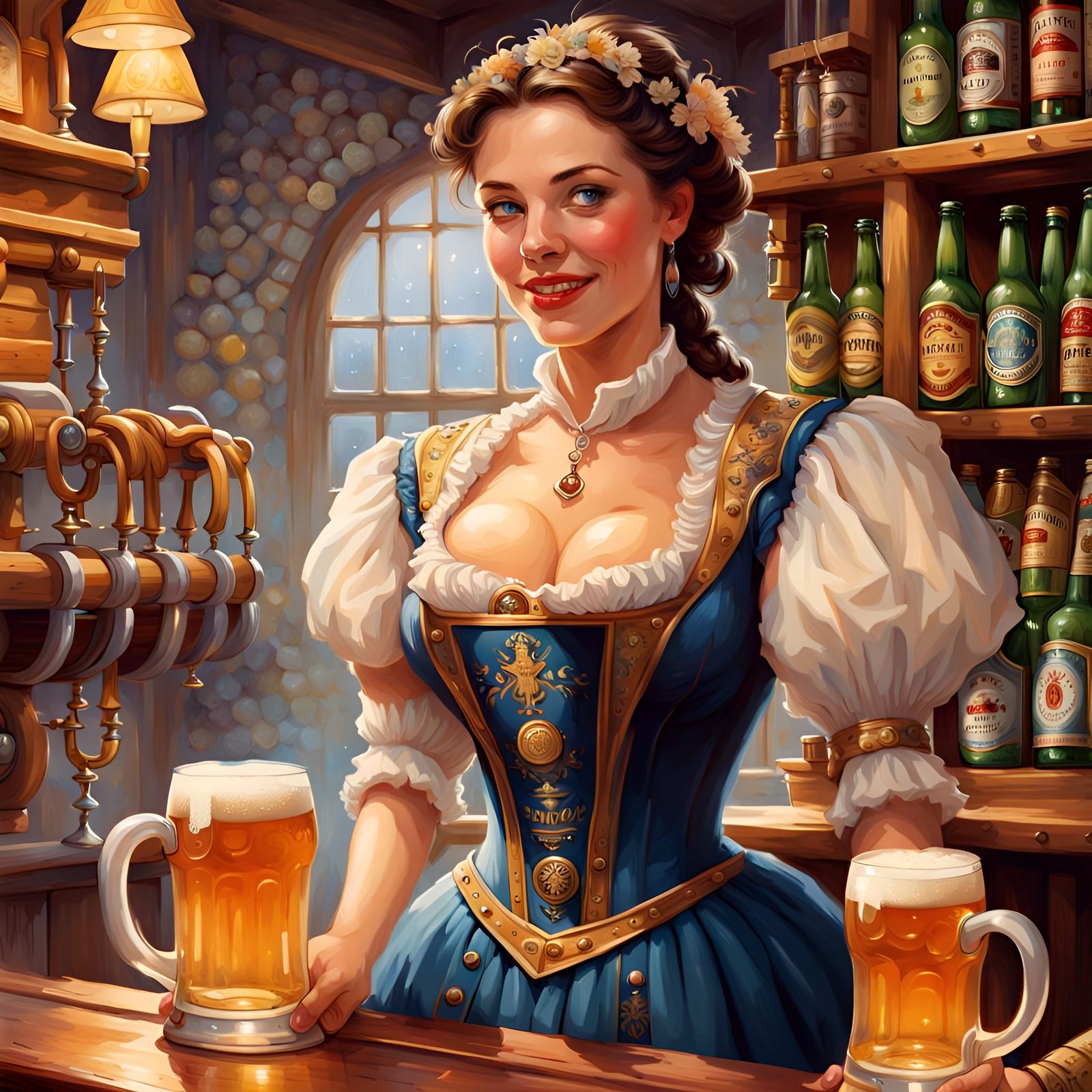 Fantastical Swiss Lady Serving Beer, Gouache Art
