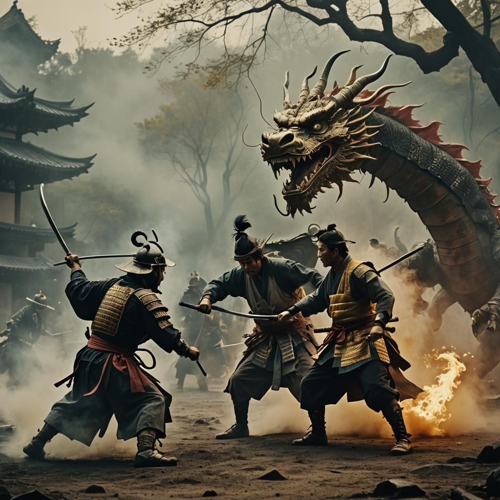 Samurai and Dragon Clash in Feudal Japan