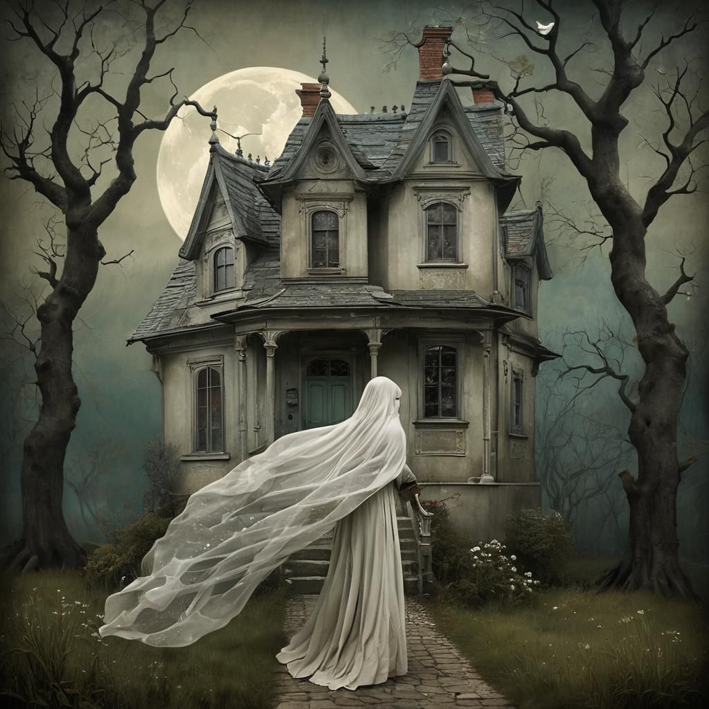 Girl and Ghost in a Haunted House Illustration