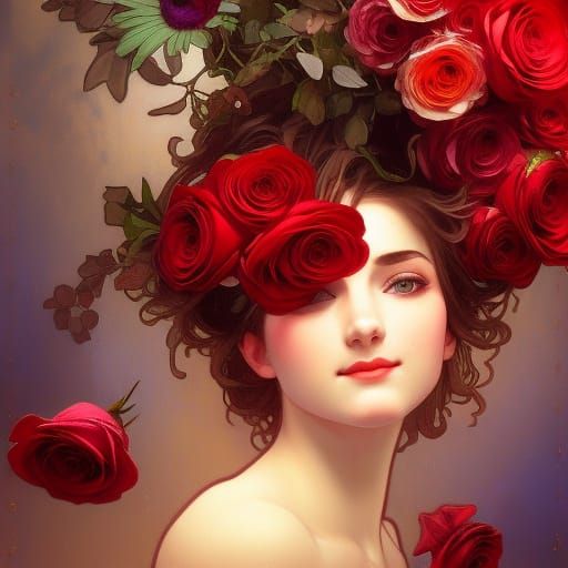 Girl Holding Red Roses in Anime Style