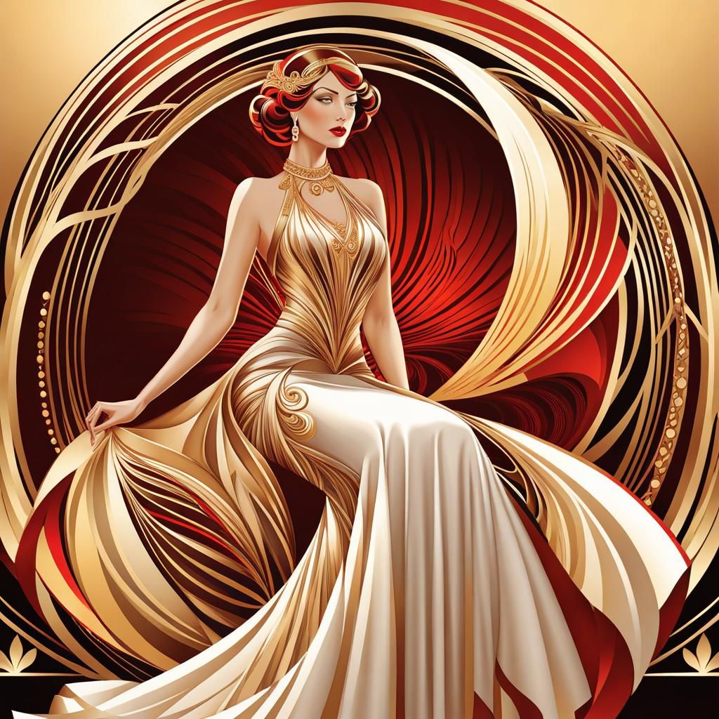 Art Deco Woman in Flowing Gown, Mucha Style