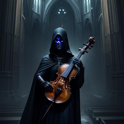 Fiery Violinist in Ruined Cathedral: Dark Fantasy Art