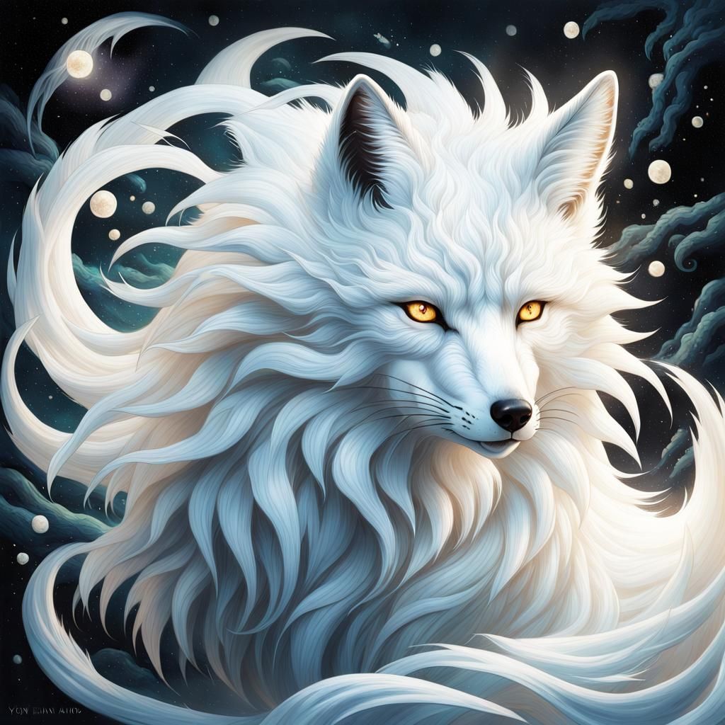 A magnificent Nine-Tailed White Fox inspired by Shan Chi, glowing with ethereal power.