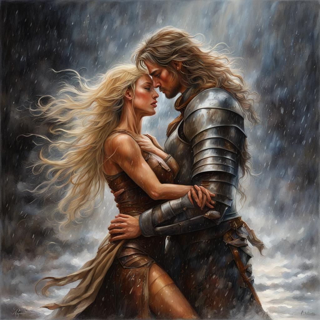 A  fantasy romance couple's portrait of a handsome blonde kn...
