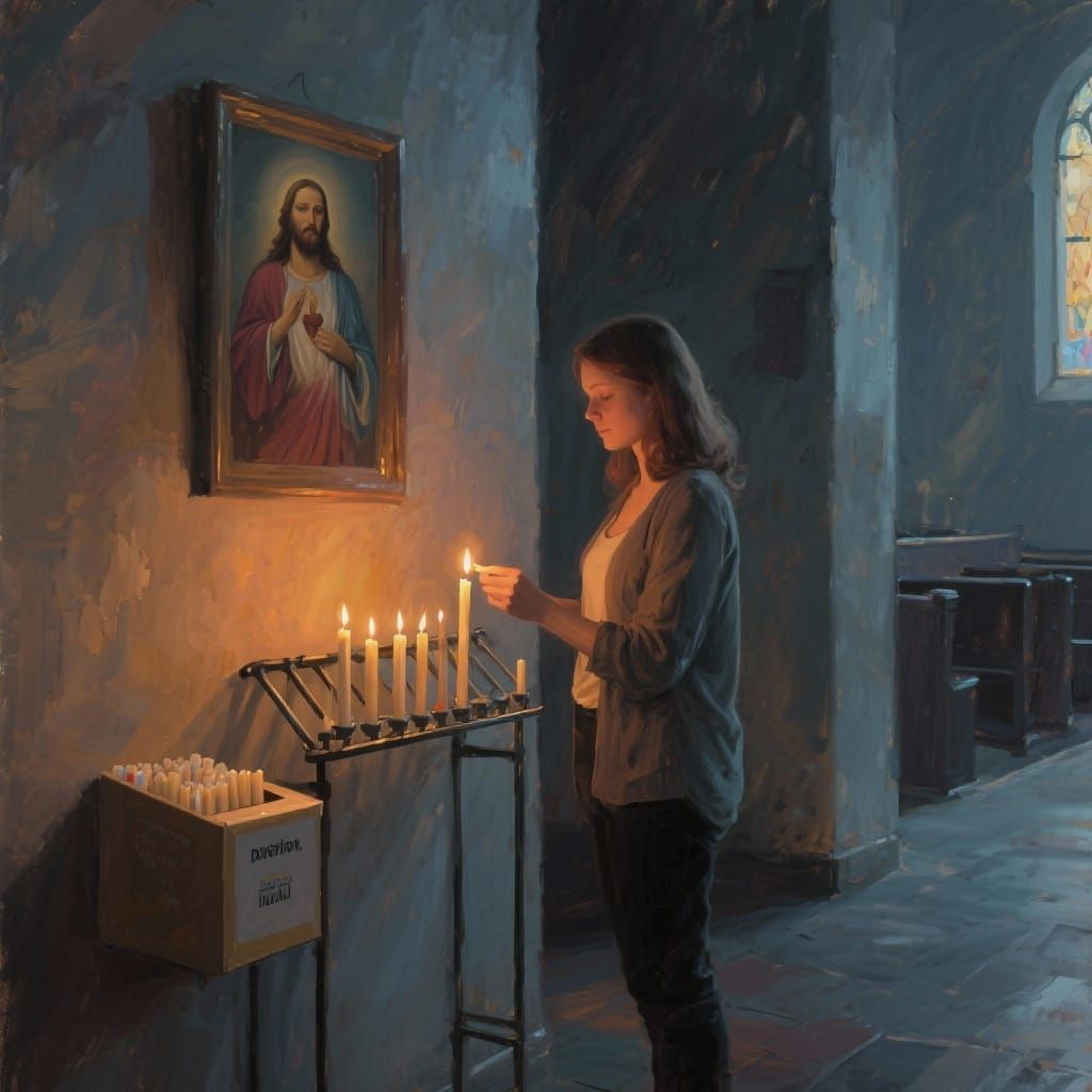Woman Lights Candle in Modern Church Oil Painting