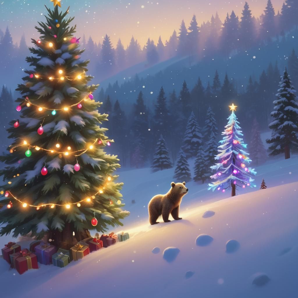 Tiny Bear Cub Stands in Awe Before a Sparkling Christmas Tre...
