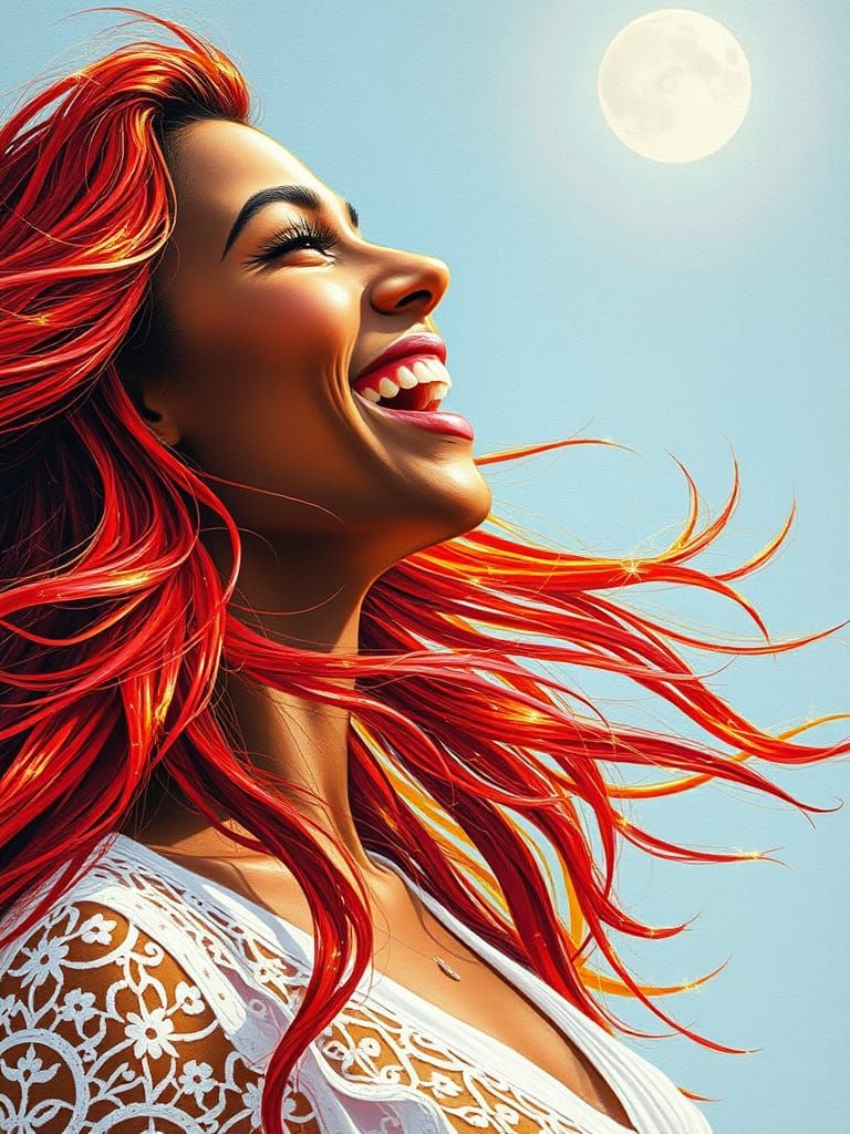 Laughing Black Woman with Red Hair in Gouache and Gold