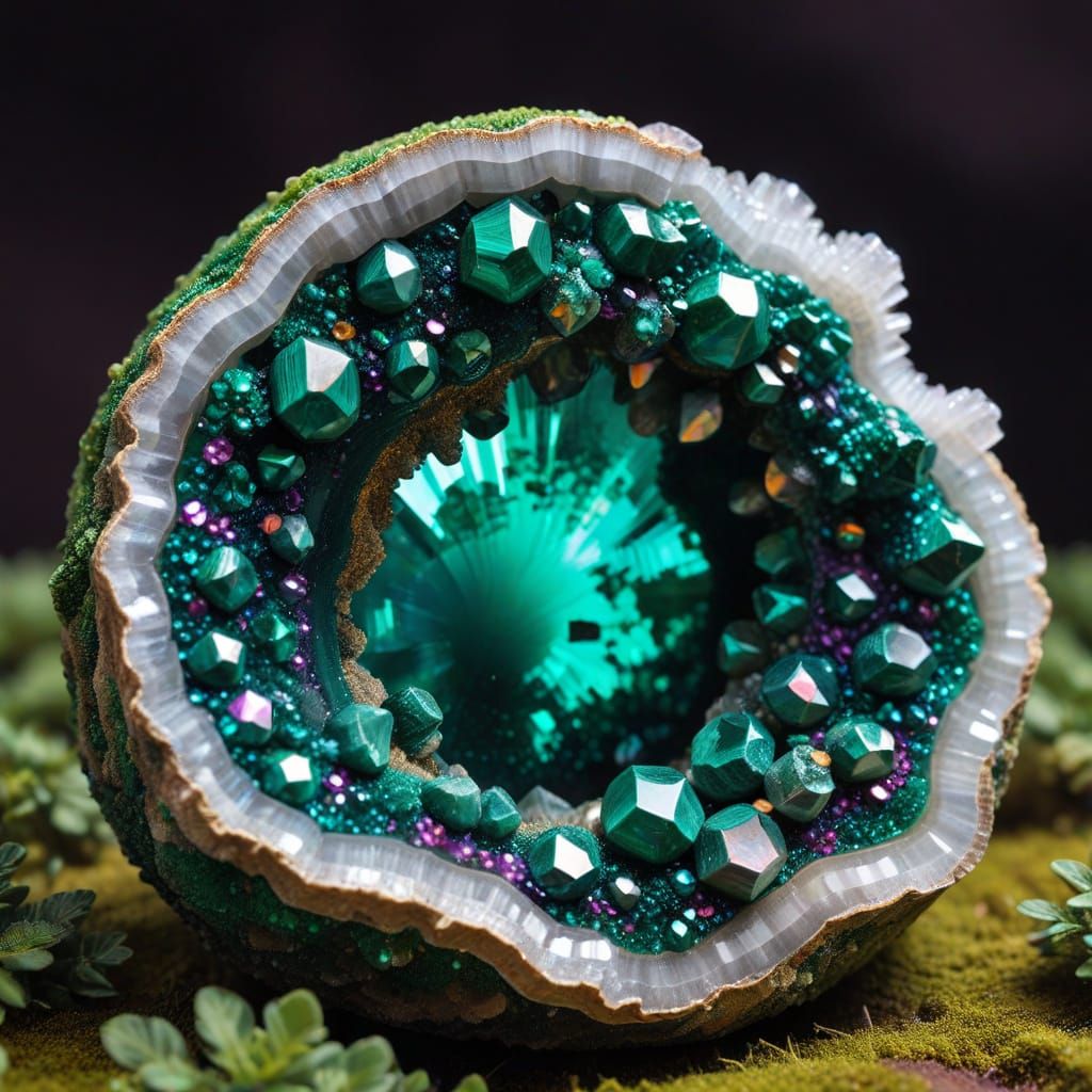 Rainbow Geode With Miniature Malachite Village