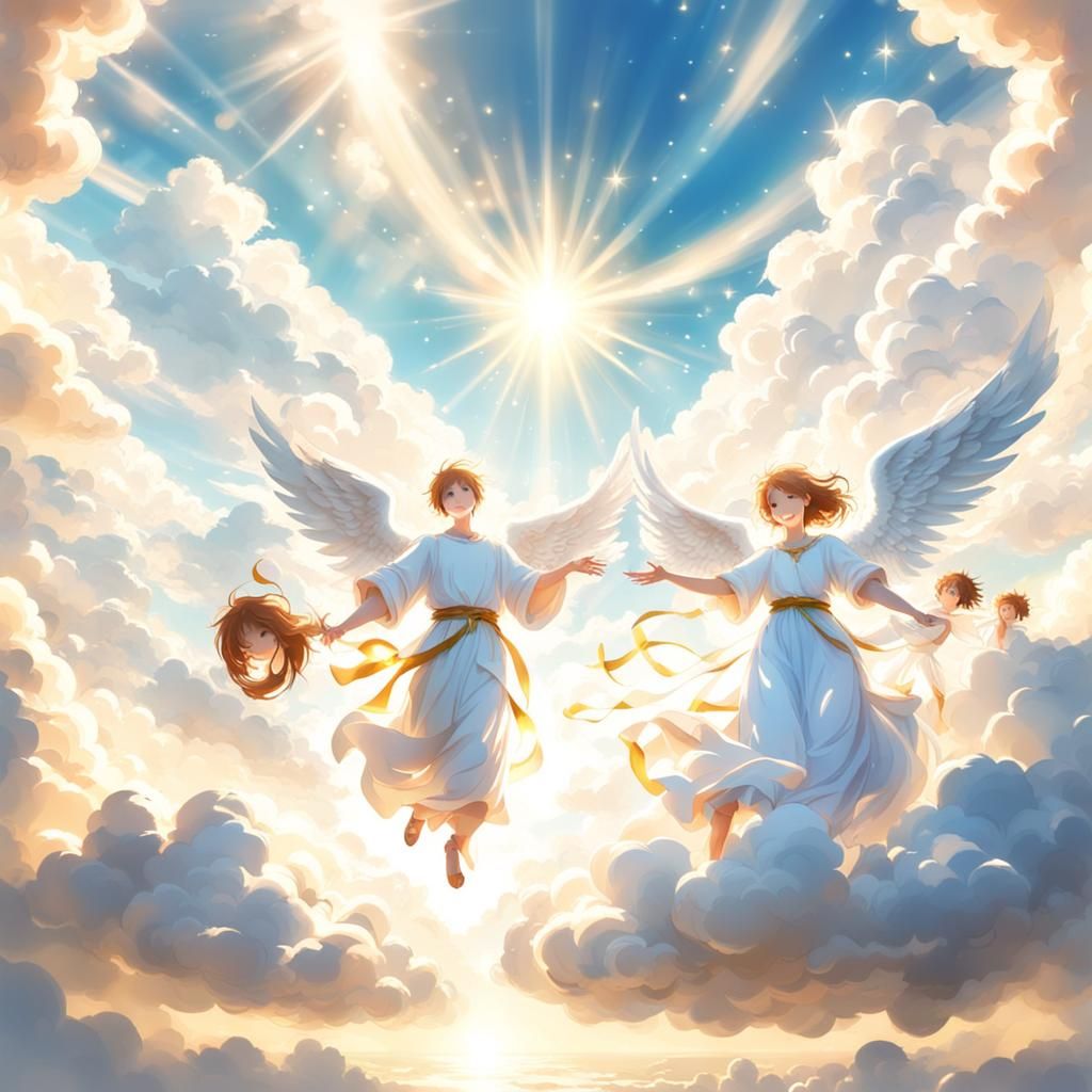 Anime Couple Surrounded by Angels in Sunshine