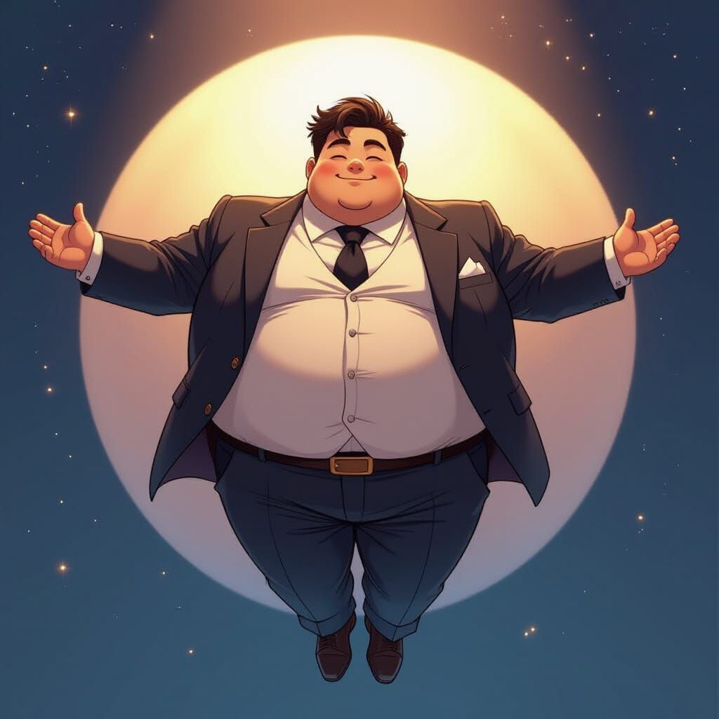 Confident Man in Suit Floating in Space, Manga Style