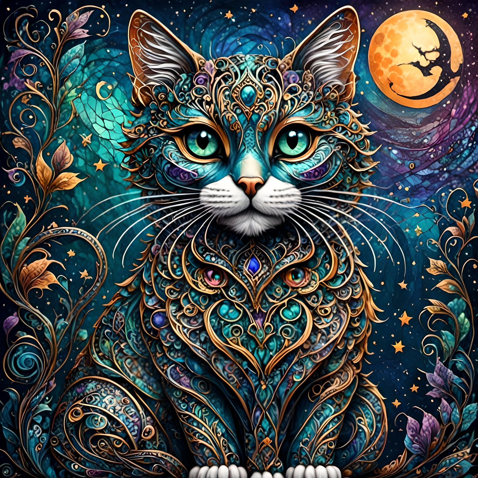 Ghost Cat Mystical Zentangle Halloween Illustration