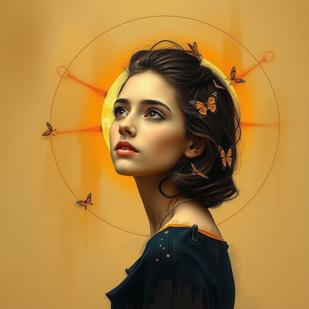 Young Woman Contemplates Shimmering Cosmic Portal