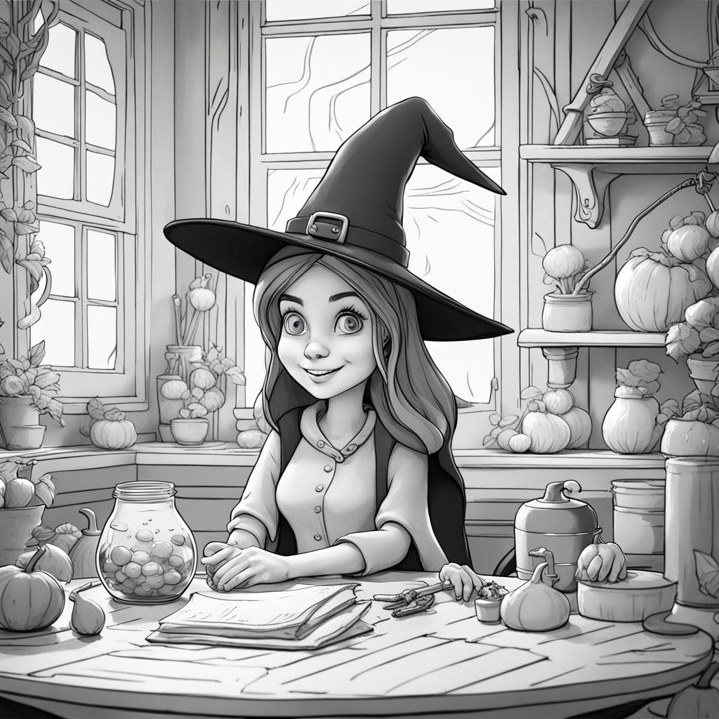 Cute Witch Interior Coloring Page in 3D Digital Art