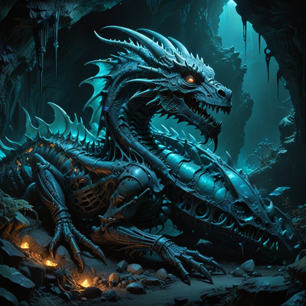 Bioluminescent Dragon Skeleton in Crystal Grotto