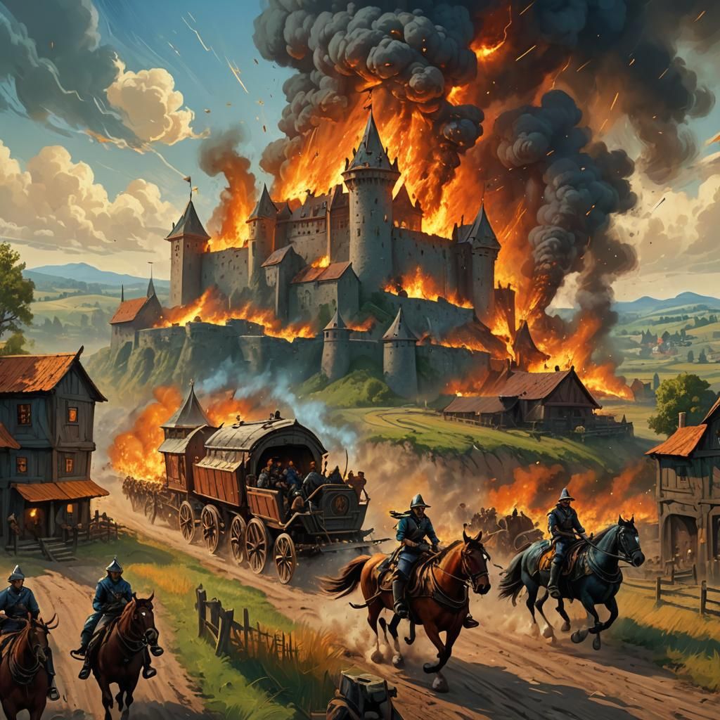 Cavalry Charge Past Farm to Burning Castle