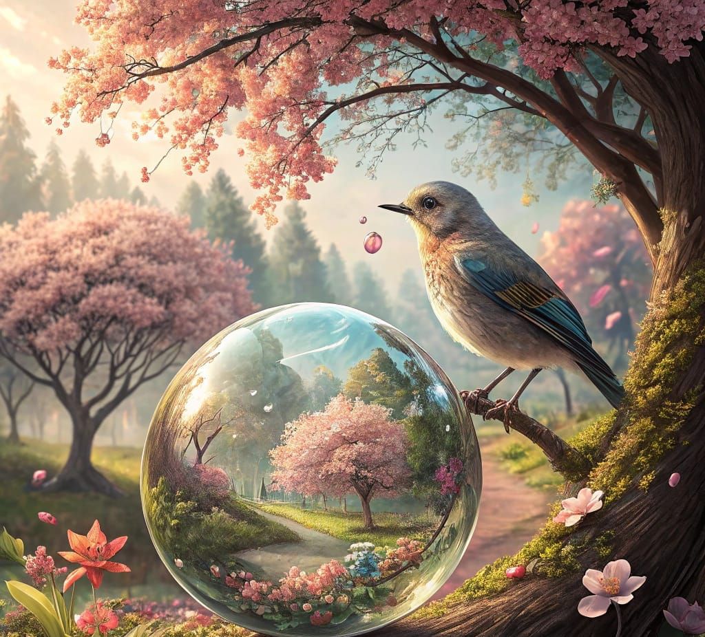 Bird Contemplates His Reflection in a Vibrant Spring Garden