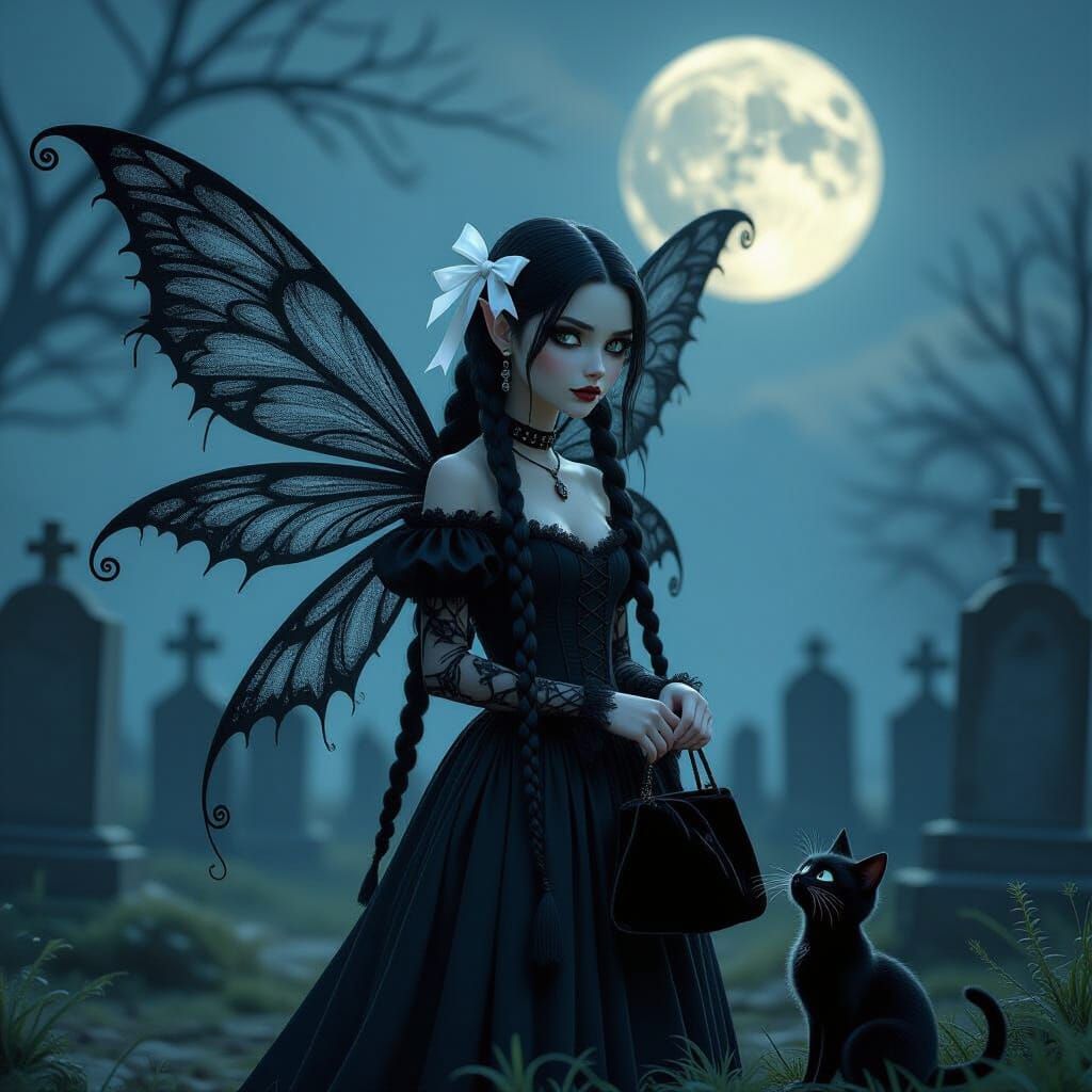 Gothic Cemetery Fairy with Cat in Burtonesque Style