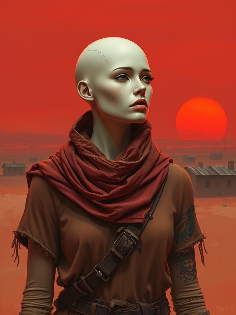 Android in Red Desert Haze: Oil Painting Style