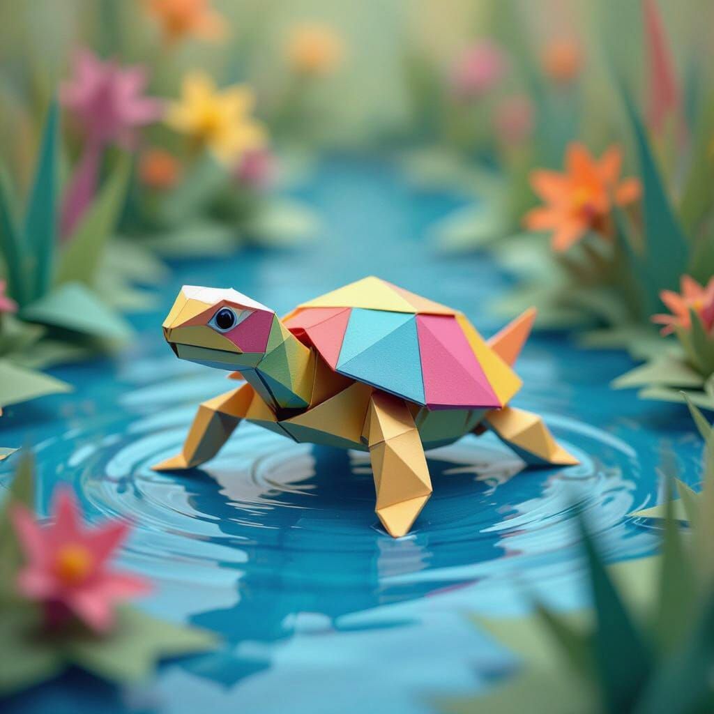 Colorful 3D Origami Turtle in Surreal Lake