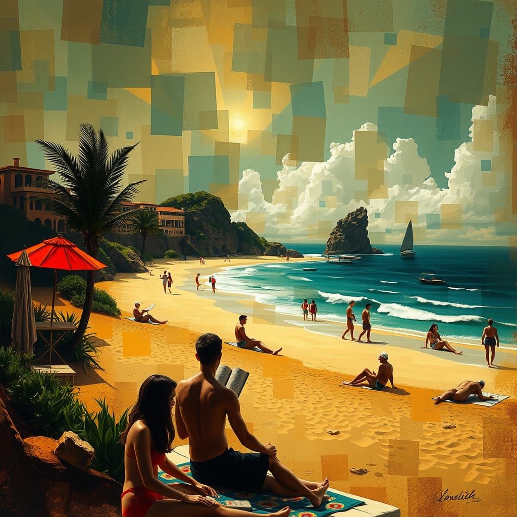 Luxury Beach Scene in Cubist Style