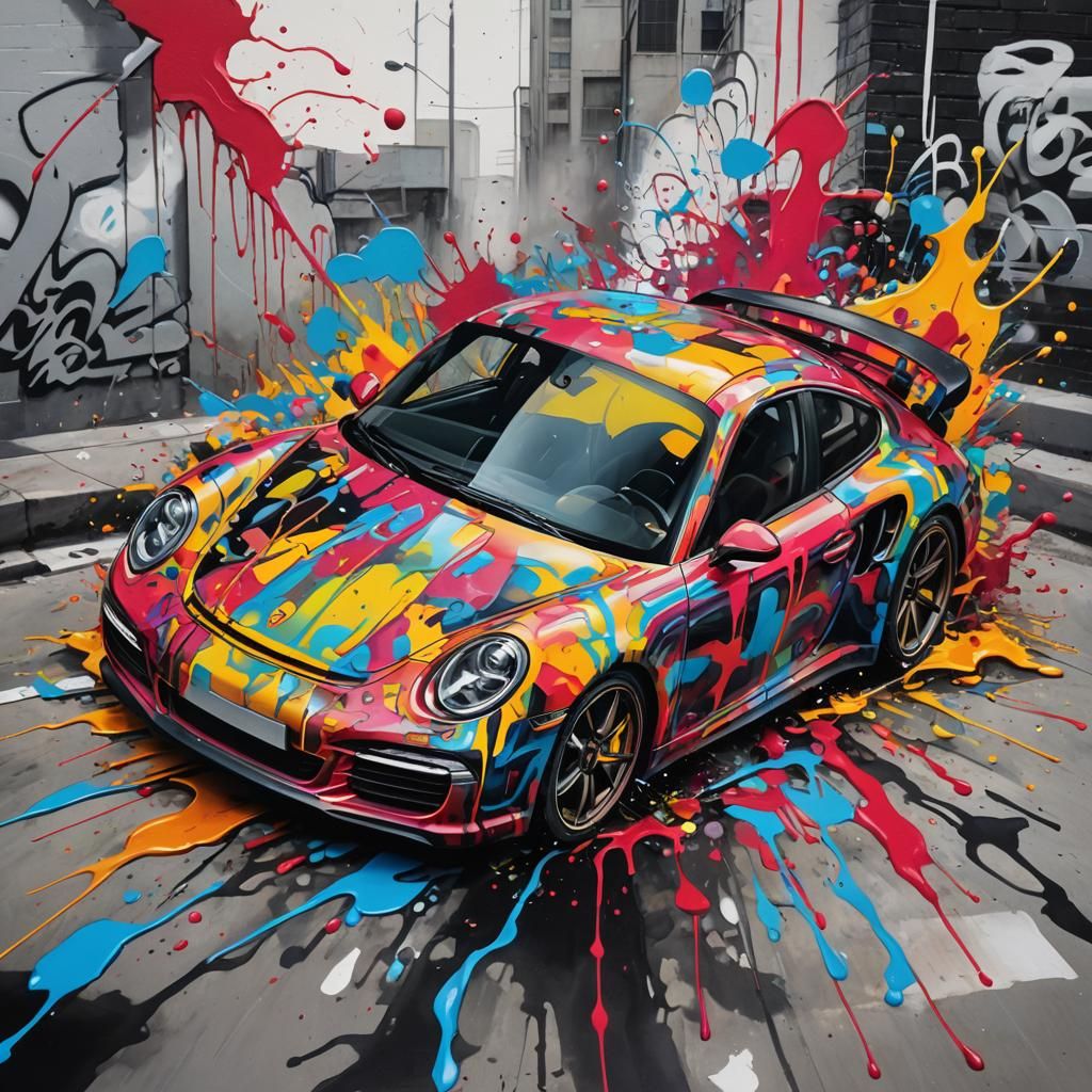 Porsche in Graffiti Splash Art Style