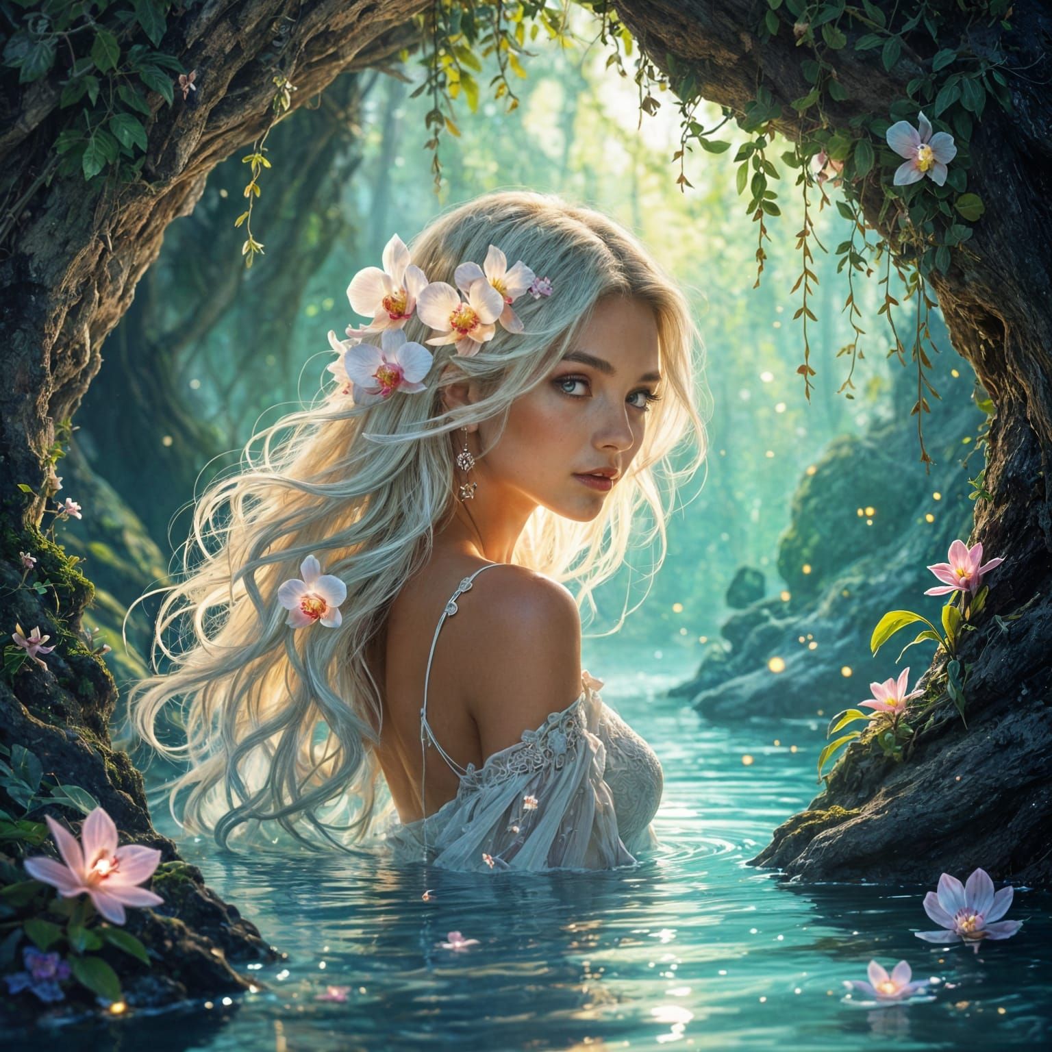 Bioluminescent Beauty in a Grotto, Art Nouveau Style