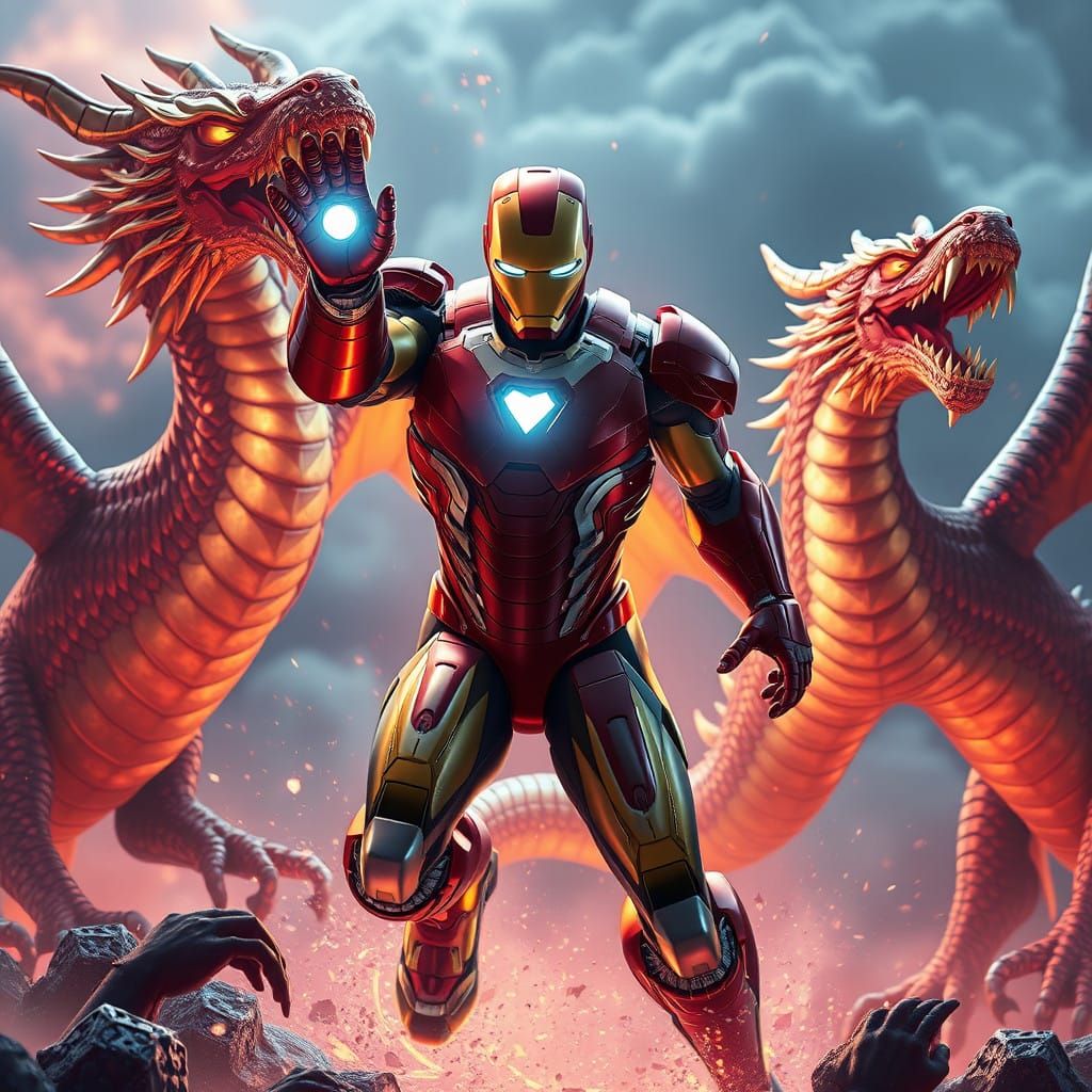 Iron Man Battles Fantastical Dragons in Epic Cyberpunk Realm