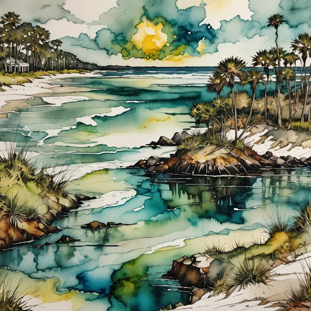 Alcohol Ink Landscape of Charleston Beach