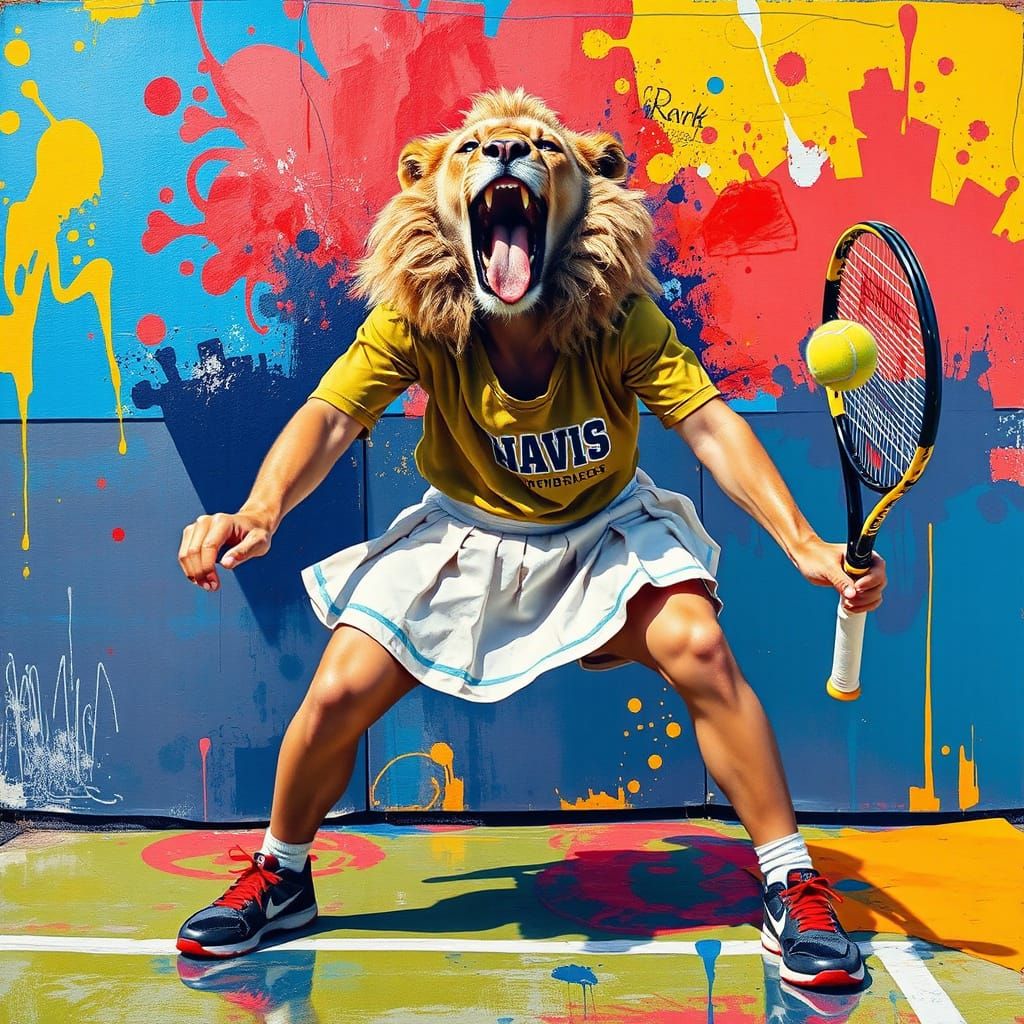Lion Plays Tennis in Vivid Impasto Graffiti Art