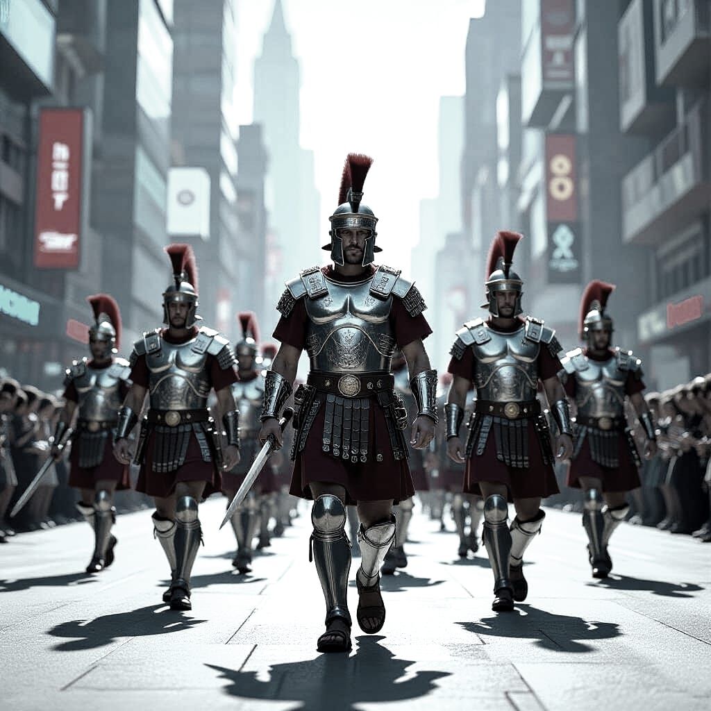 Roman Legionaries in Futuristic Cityscape