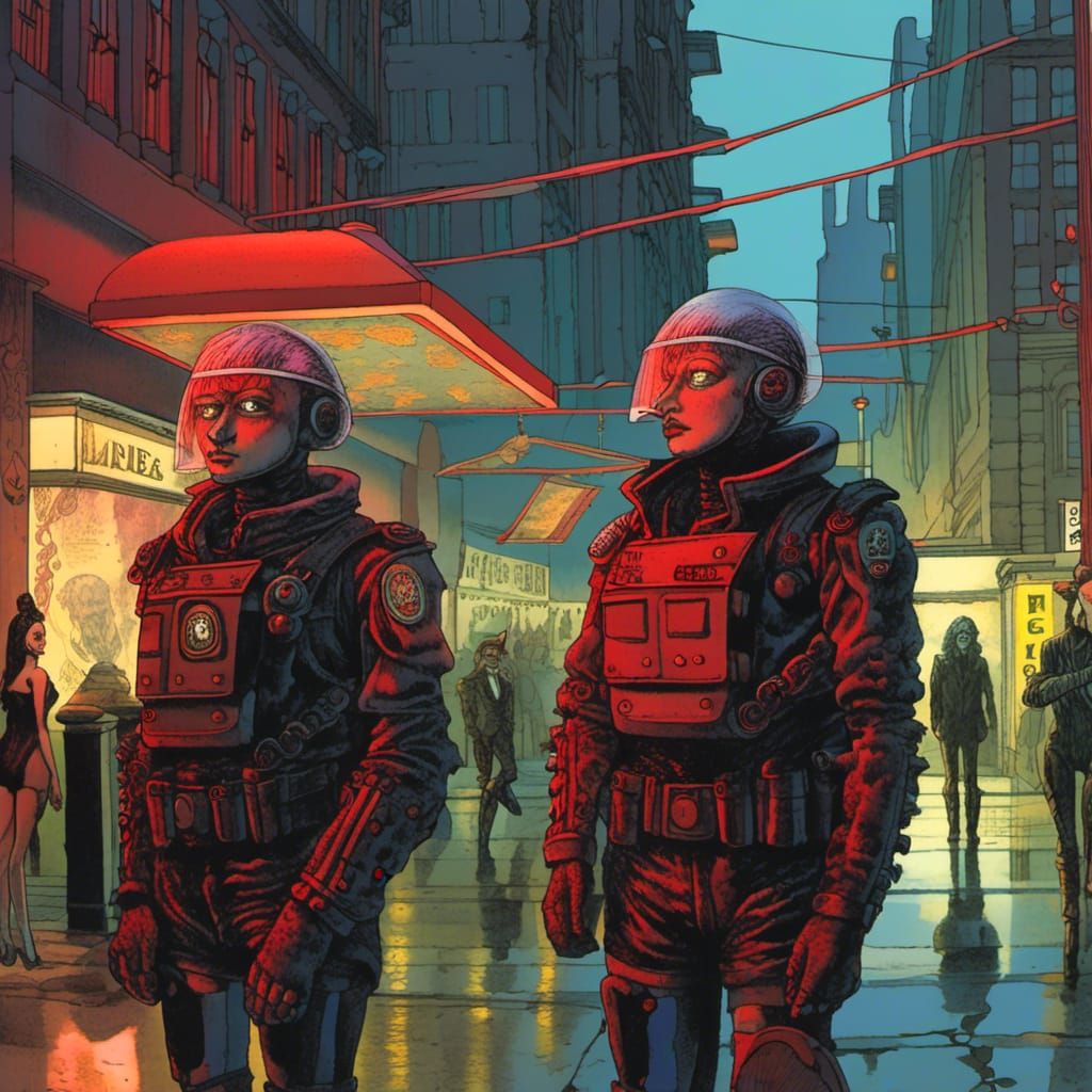 Cyborg Police in Futurepunk Cityscape