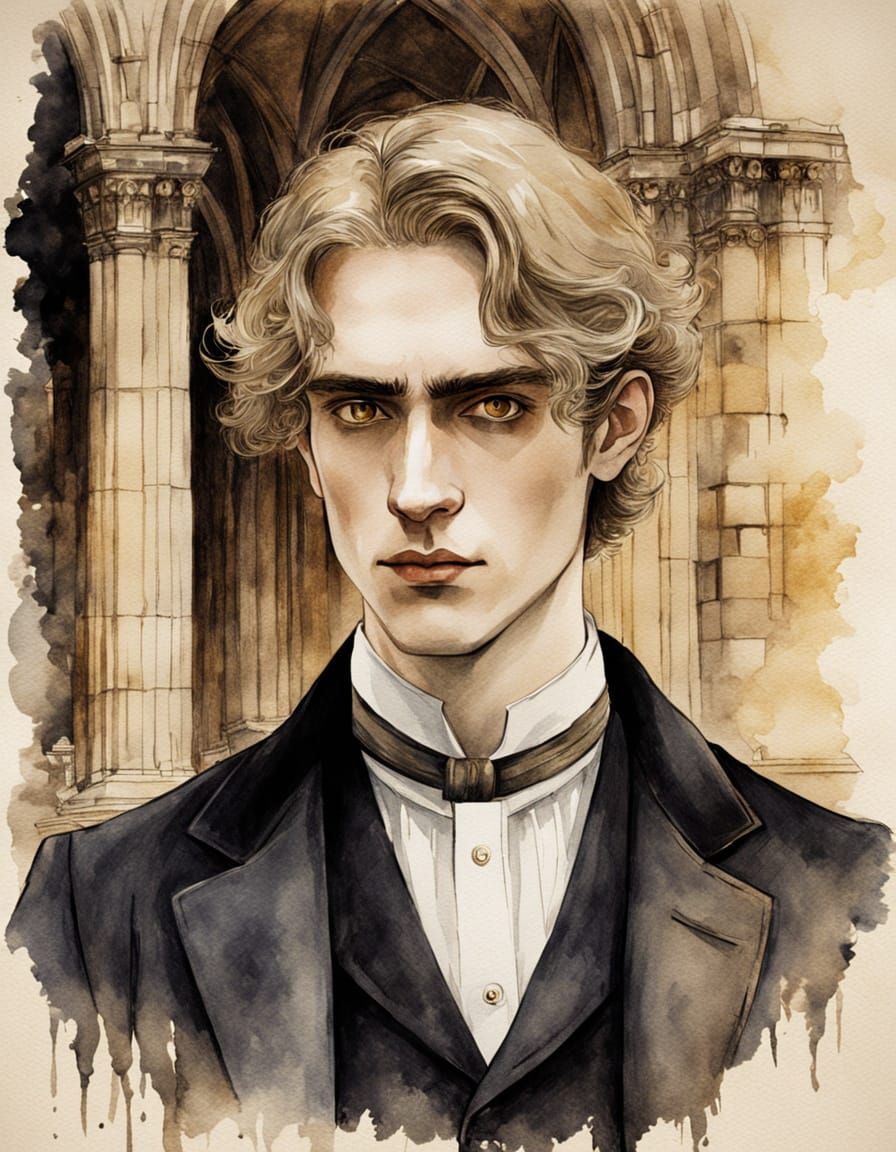 Elegant Young Man in Dark Academia Watercolor