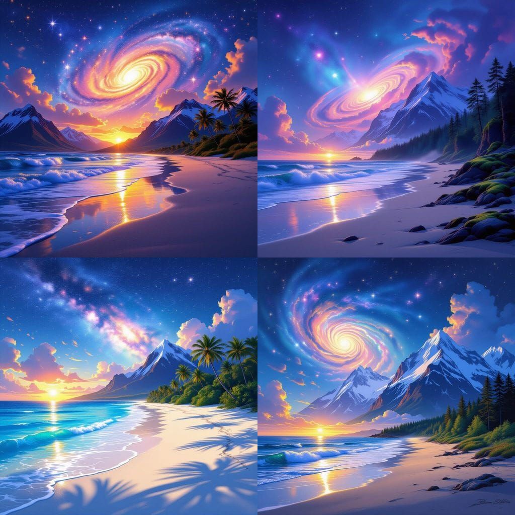 Diverse Landscapes: Beach, Galaxy, Mountains, and Forest