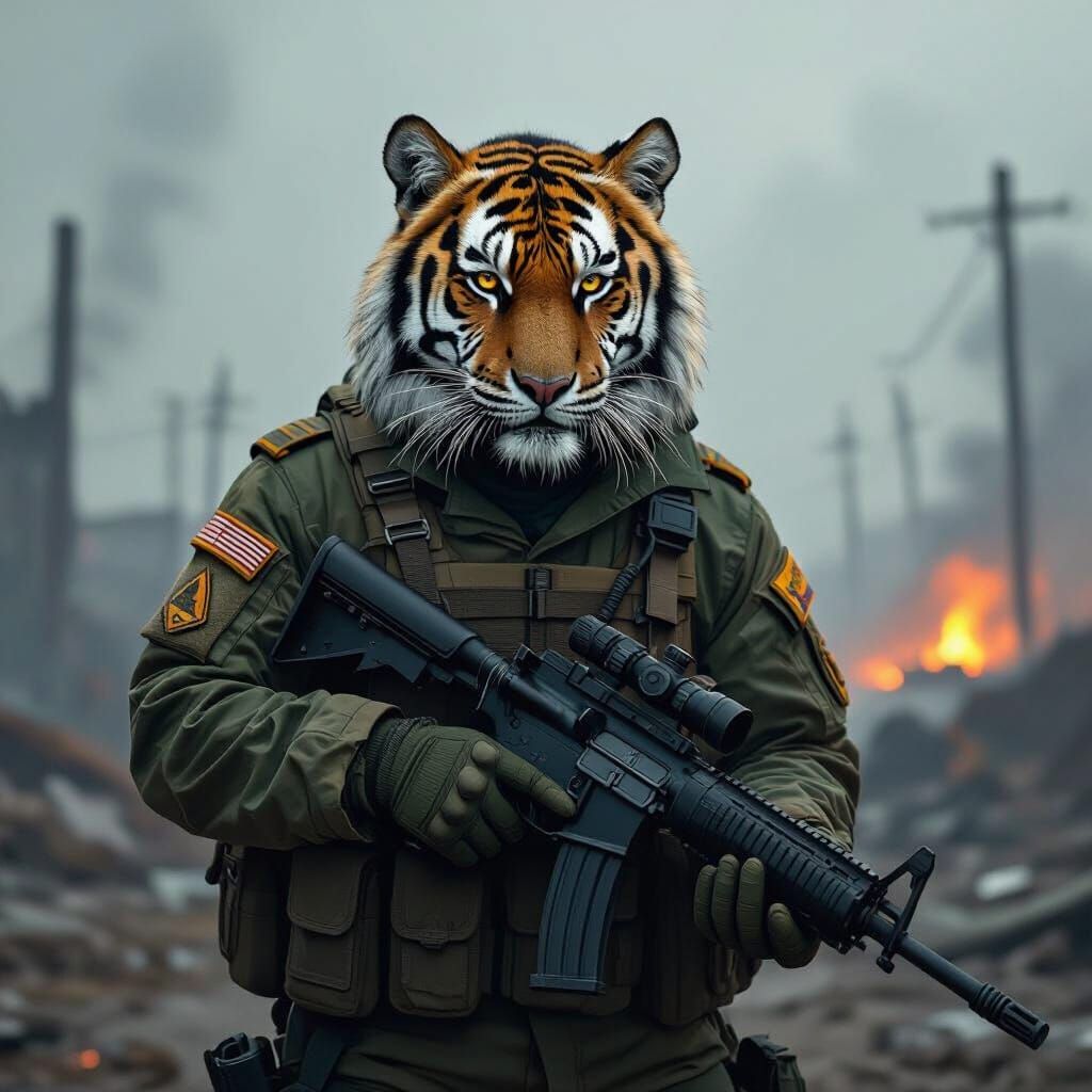 Tiger-Headed Soldier in Apocalyptic War Zone