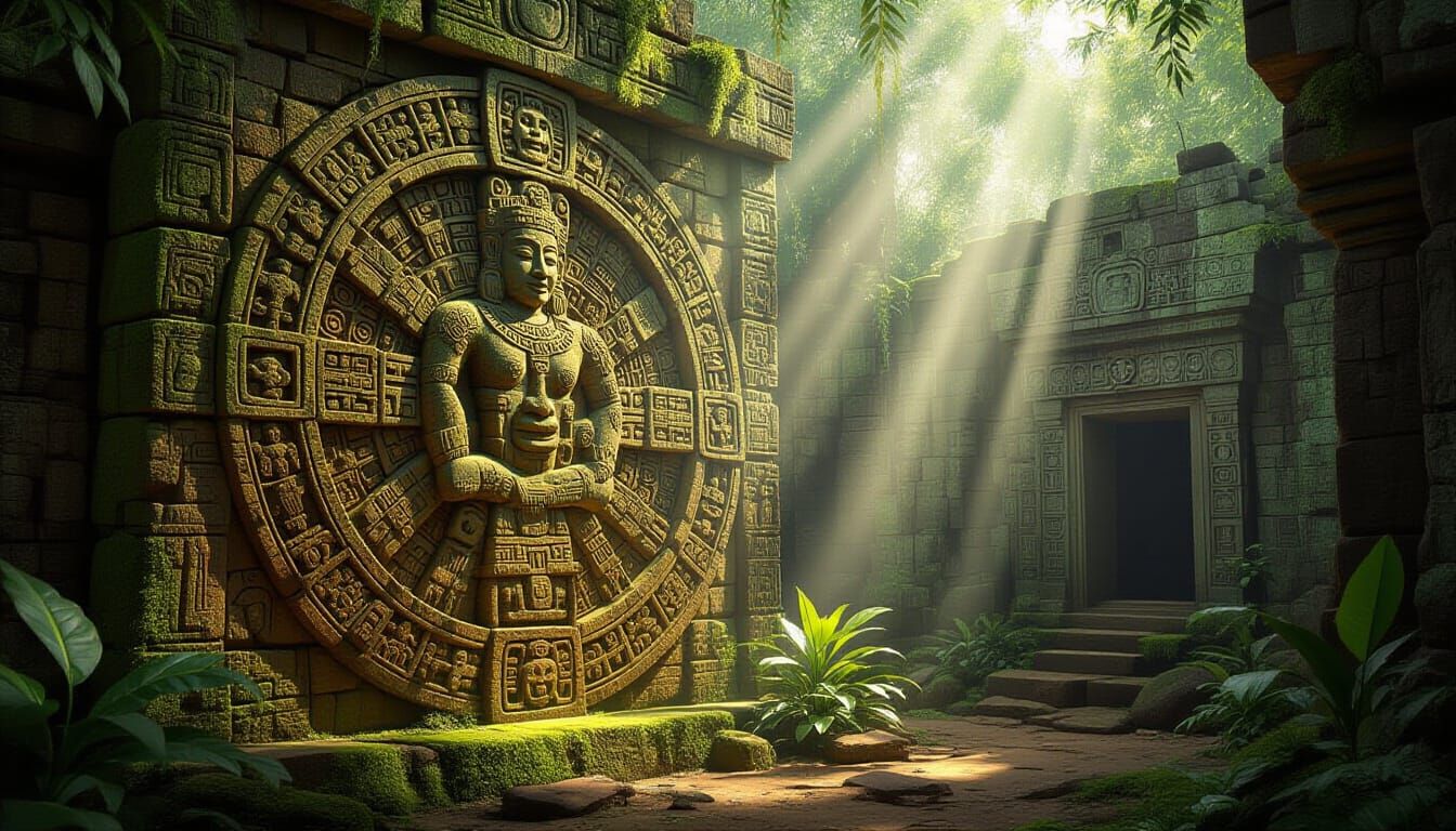 Ancient Mayan Stone Calendar in Jungle Temple