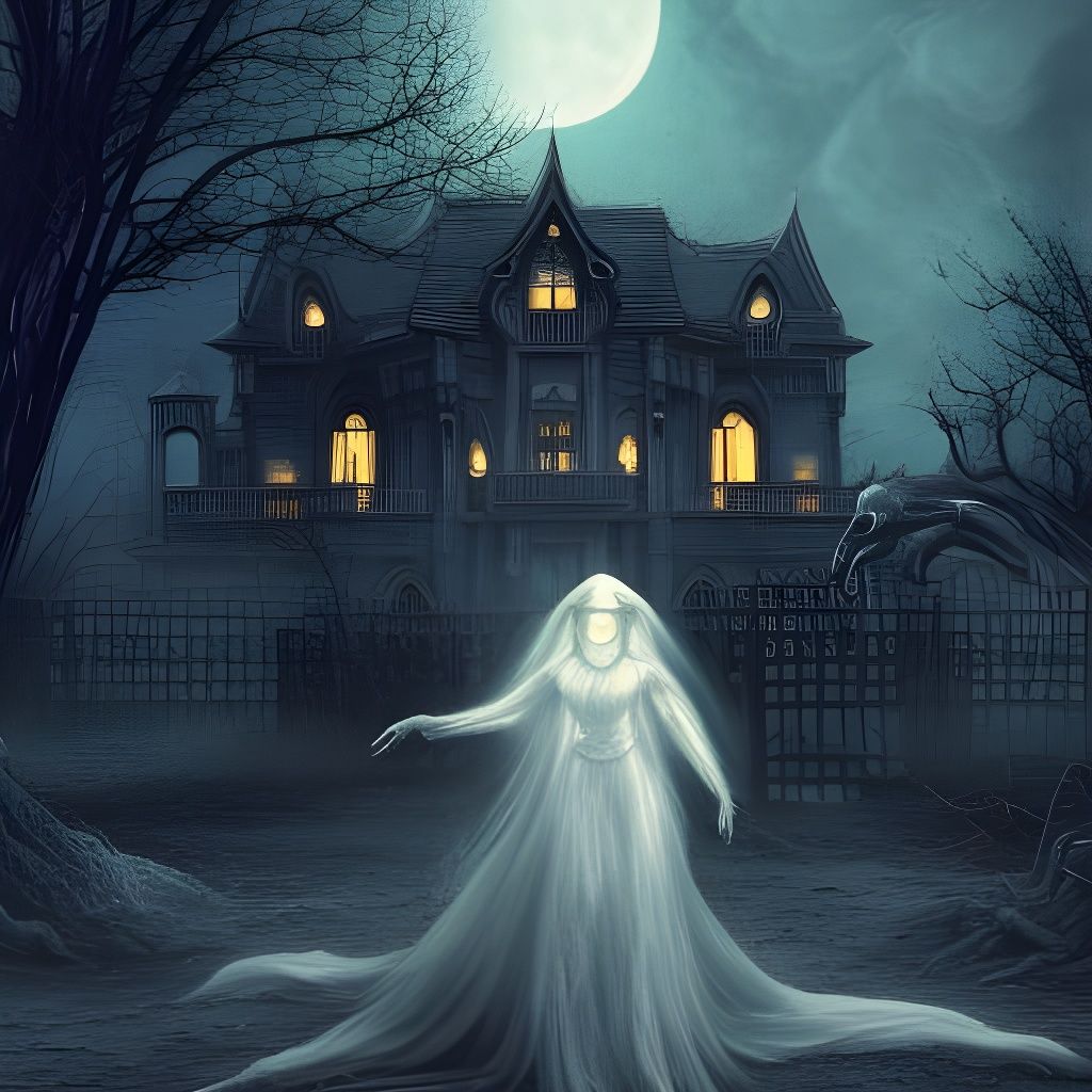 Ethereal Ghost Woman in Haunted Moonlight