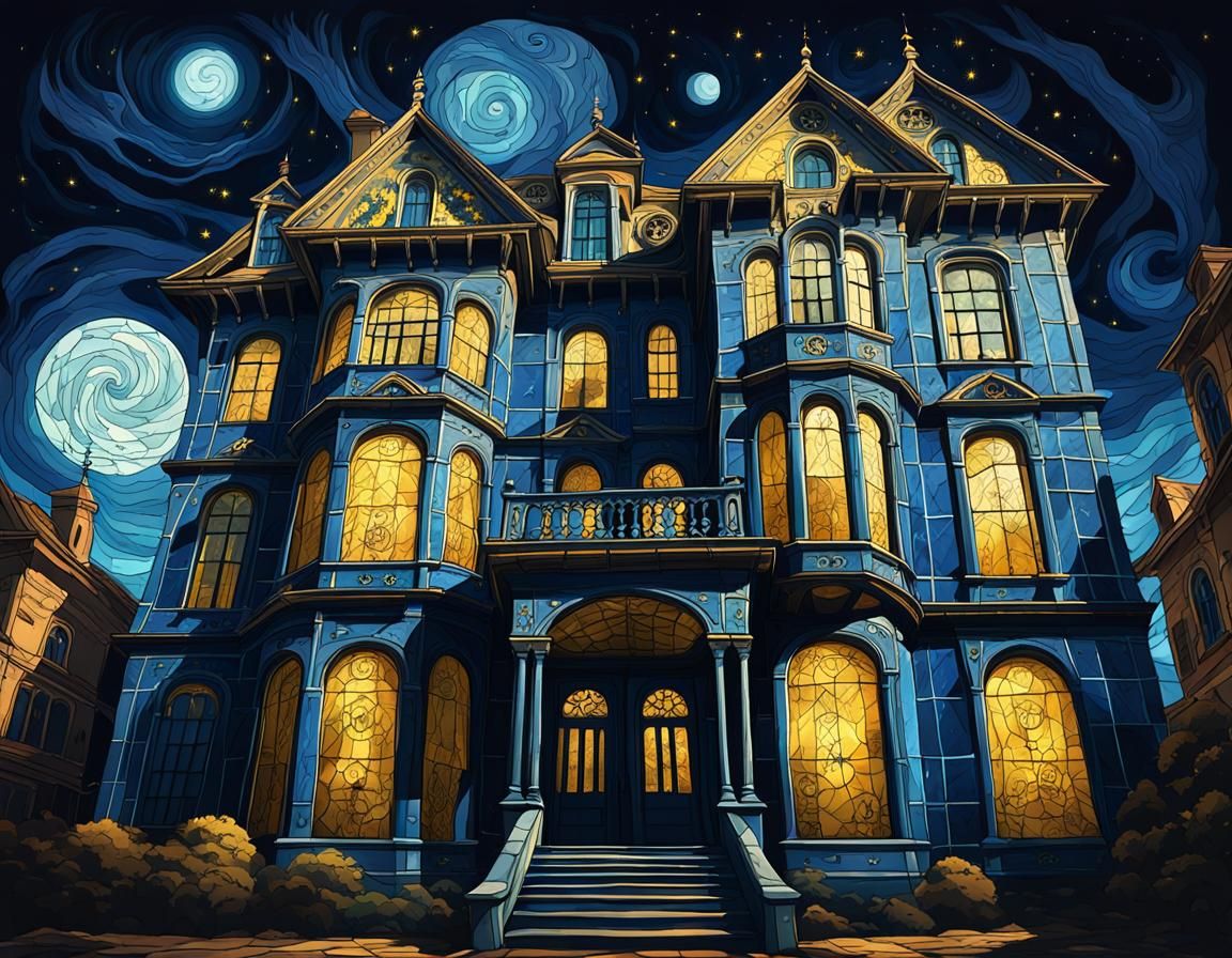 creepy, old mansion with eerie lighting, cobwebs, and shadowy figures lurking in the windows.
A haunted house, starry ni...