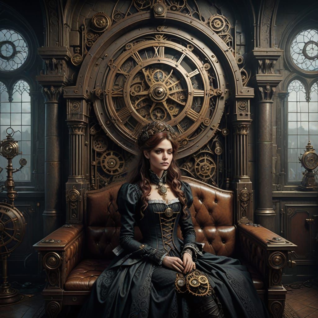 Steampunk Witch With Clockwork Gears on Victorian Bed