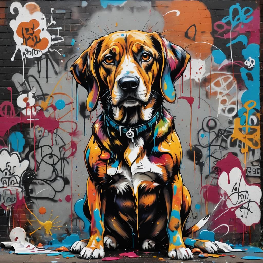 Hound Dog Graffiti Art in Polychromatic Splash Style