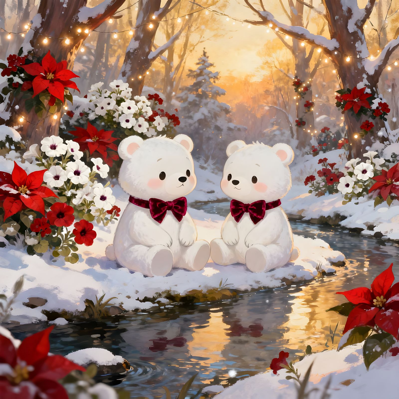 Chibi White Bears in Snowy Wonderland with Festive Flowers