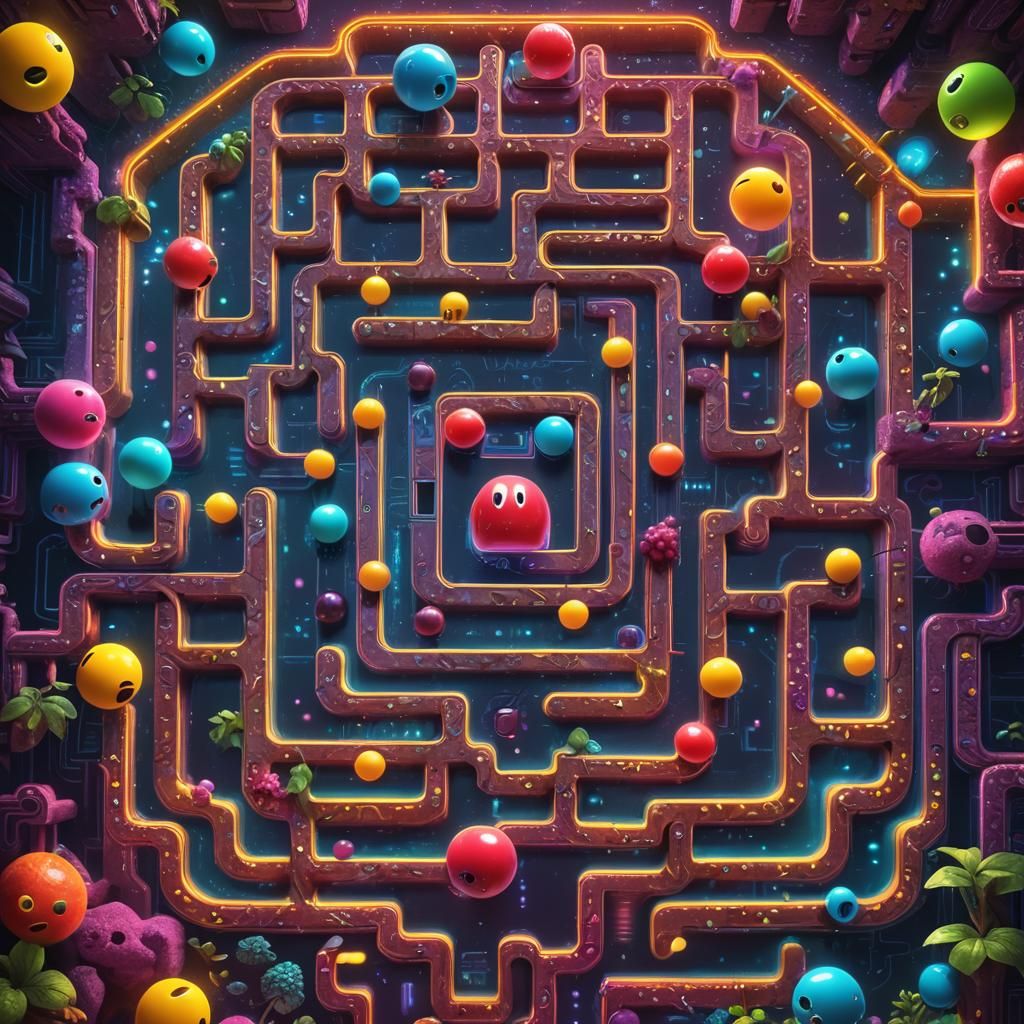 Pac-Man Navigates a Mystical Maze in Fantasy Art