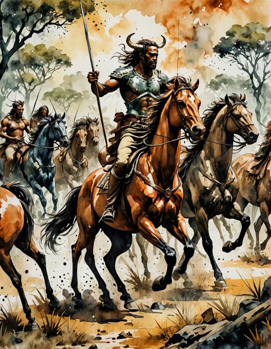 Centaurs in Savanna Territory War, Watercolor Ink Style