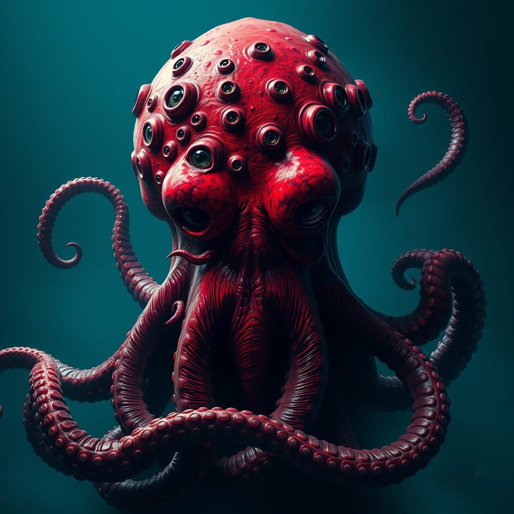 Crimson Red Octopus Monster on Dark Gradient Blue Background